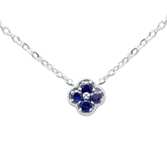 .08ct G SI 14K White Gold Blue Sapphire Gemstone Petite Clover Design Pendant 18" Long