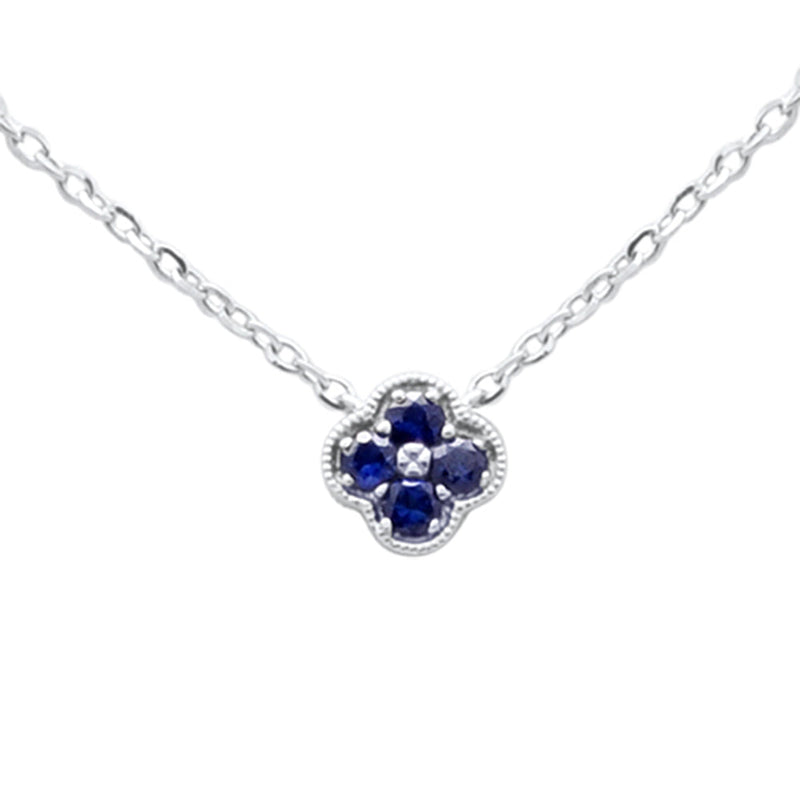 .08ct G SI 14K White Gold Blue Sapphire Gemstone Petite Clover Design Pendant 18" Long