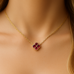 .09ct G SI 14K Yellow Gold Ruby Gemstone Petite Clover Design Pendant 18" Long