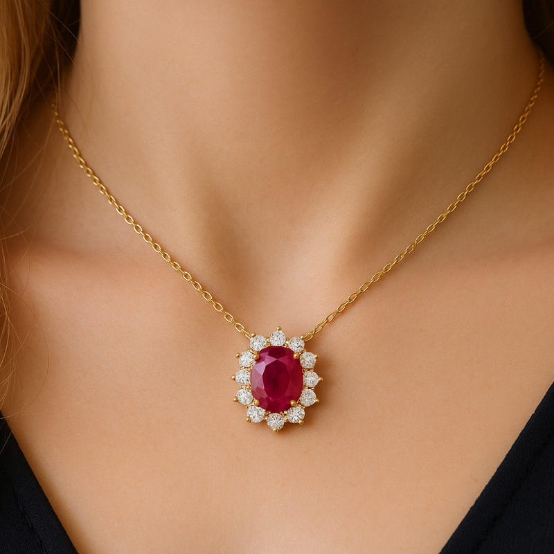 SPECIAL!1.29ct G SI 14K Yellow Gold Diamond & Ruby Gemstone Pendant 18" Long
