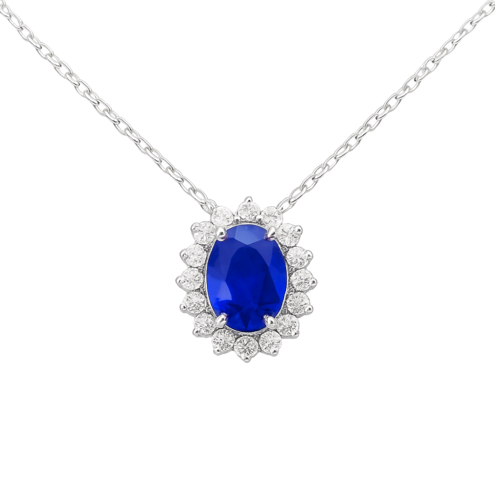 SPECIAL!1.35ct G SI 14K White Gold Diamond & Blue Sapphire Gemstone Pendant 18" Long