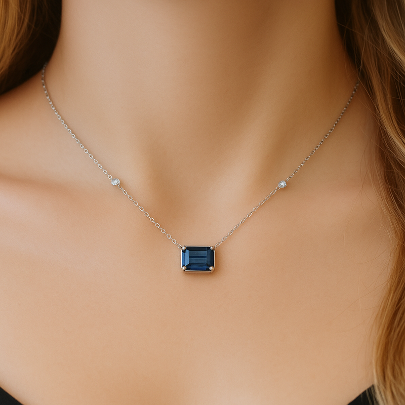 SPECIAL!1.09ct G SI 14K White Gold Diamond & Blue Sapphire Gemstone Pendant 18" Long