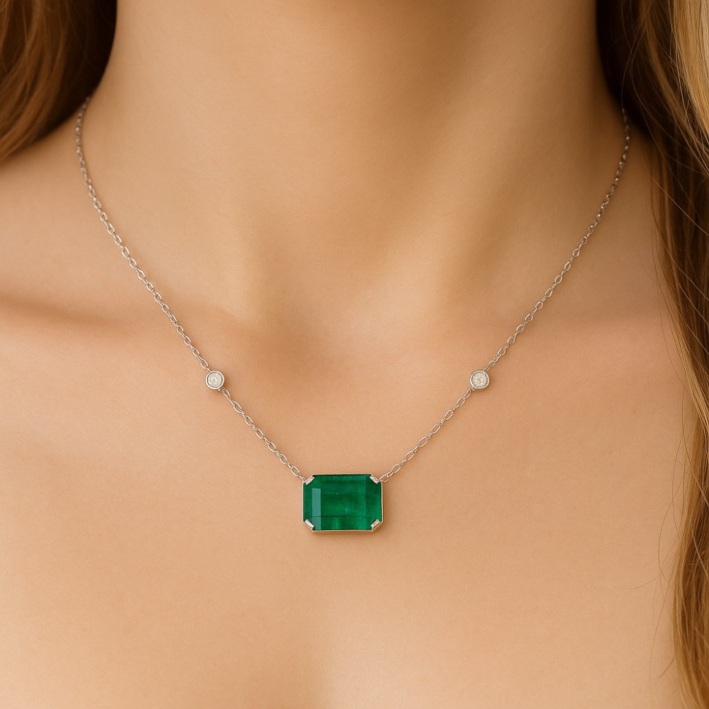 SPECIAL!.96ct G SI 14K White Gold Diamond & Emerald Gemstone Pendant 18" Long