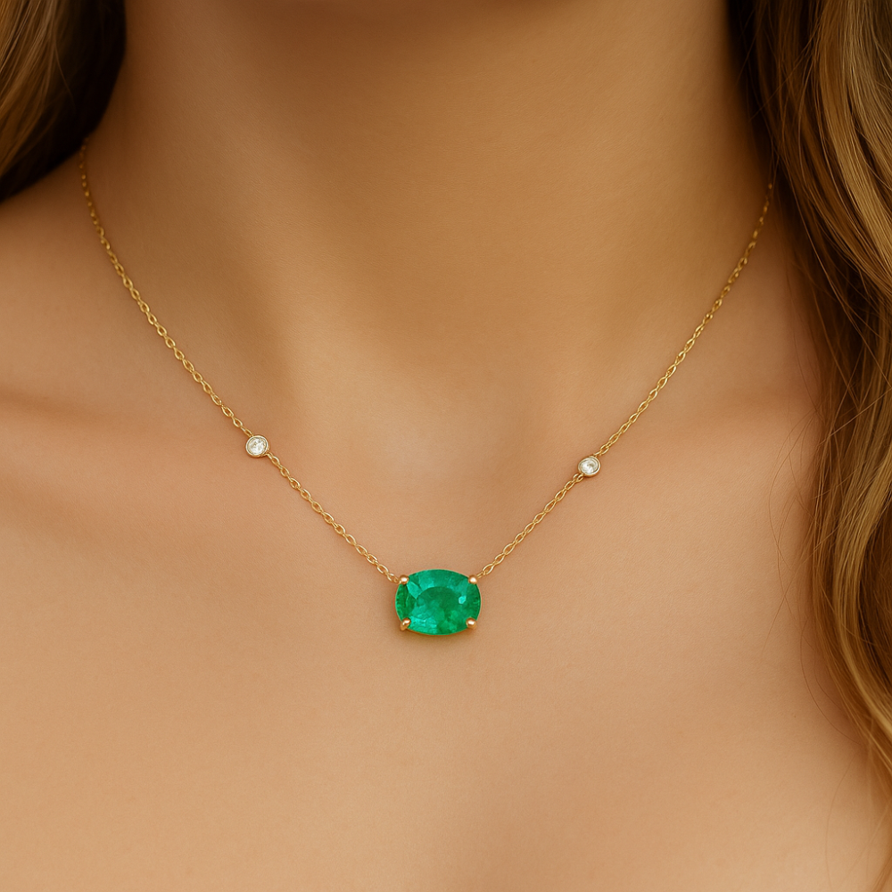 SPECIAL!.78ct G SI 14K Yellow Gold Diamond & Emerald Gemstone Pendant 18" Long