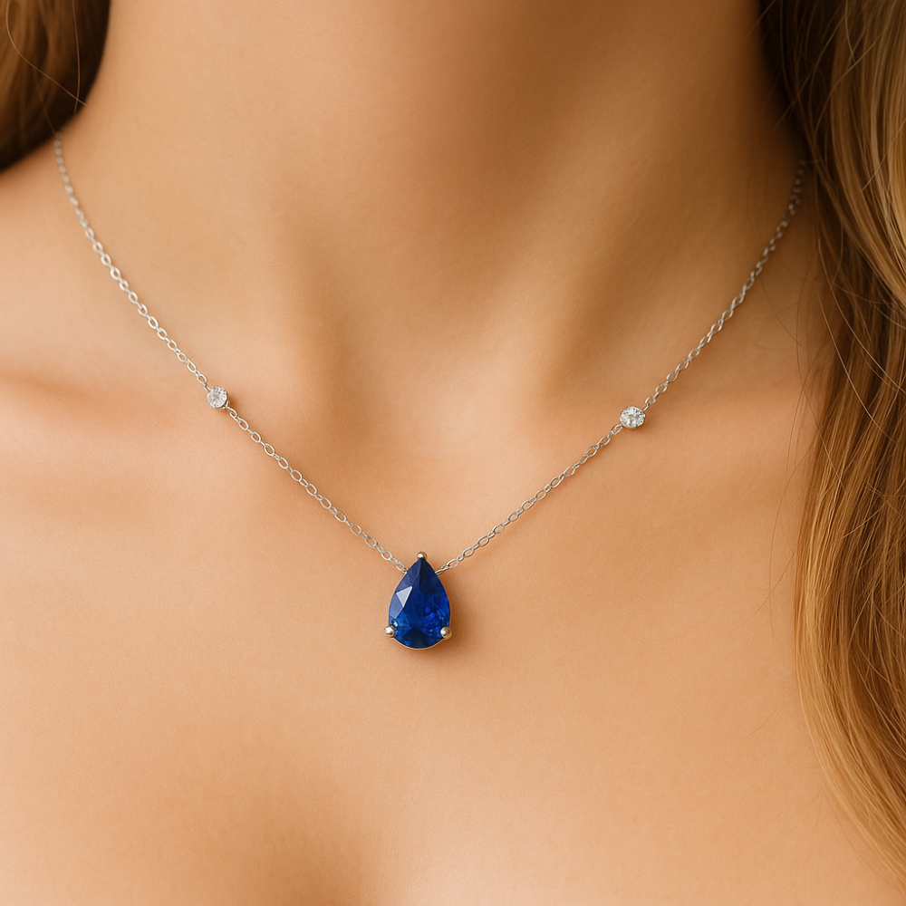 SPECIAL!.72ct G SI 14K White Gold Diamond & Blue Sapphire Gemstone Pendant 18" Long