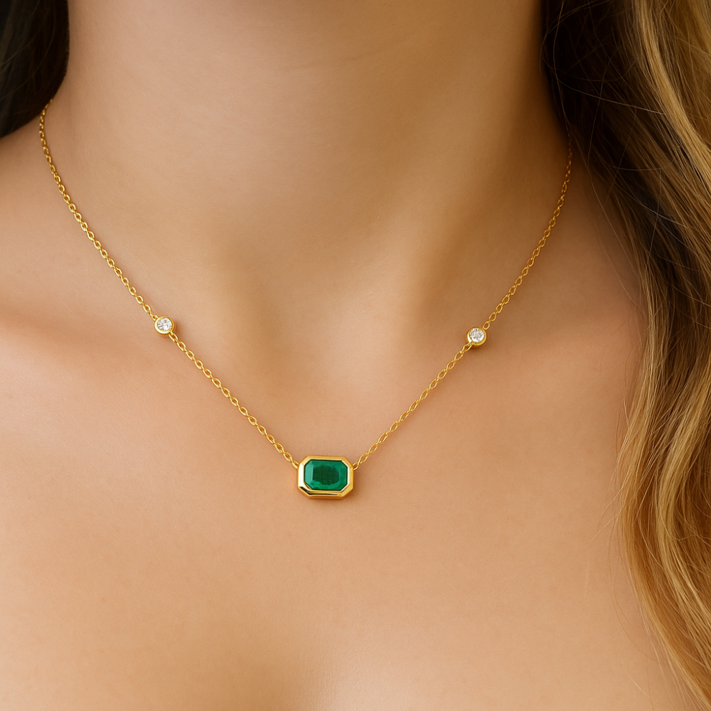 SPECIAL!.90ct G SI 14K Yellow Gold Diamond & Emerald Gemstone Pendant 18" Long