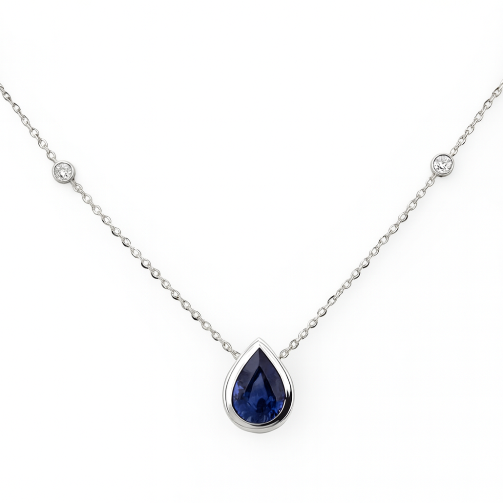 SPECIAL!.93ct G SI 14K White Gold Diamond & Blue Sapphire Gemstone Pendant 18" Long