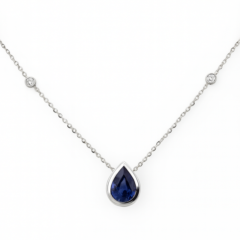 SPECIAL!.93ct G SI 14K White Gold Diamond & Blue Sapphire Gemstone Pendant 18" Long