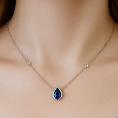 SPECIAL!.93ct G SI 14K White Gold Diamond & Blue Sapphire Gemstone Pendant 18" Long