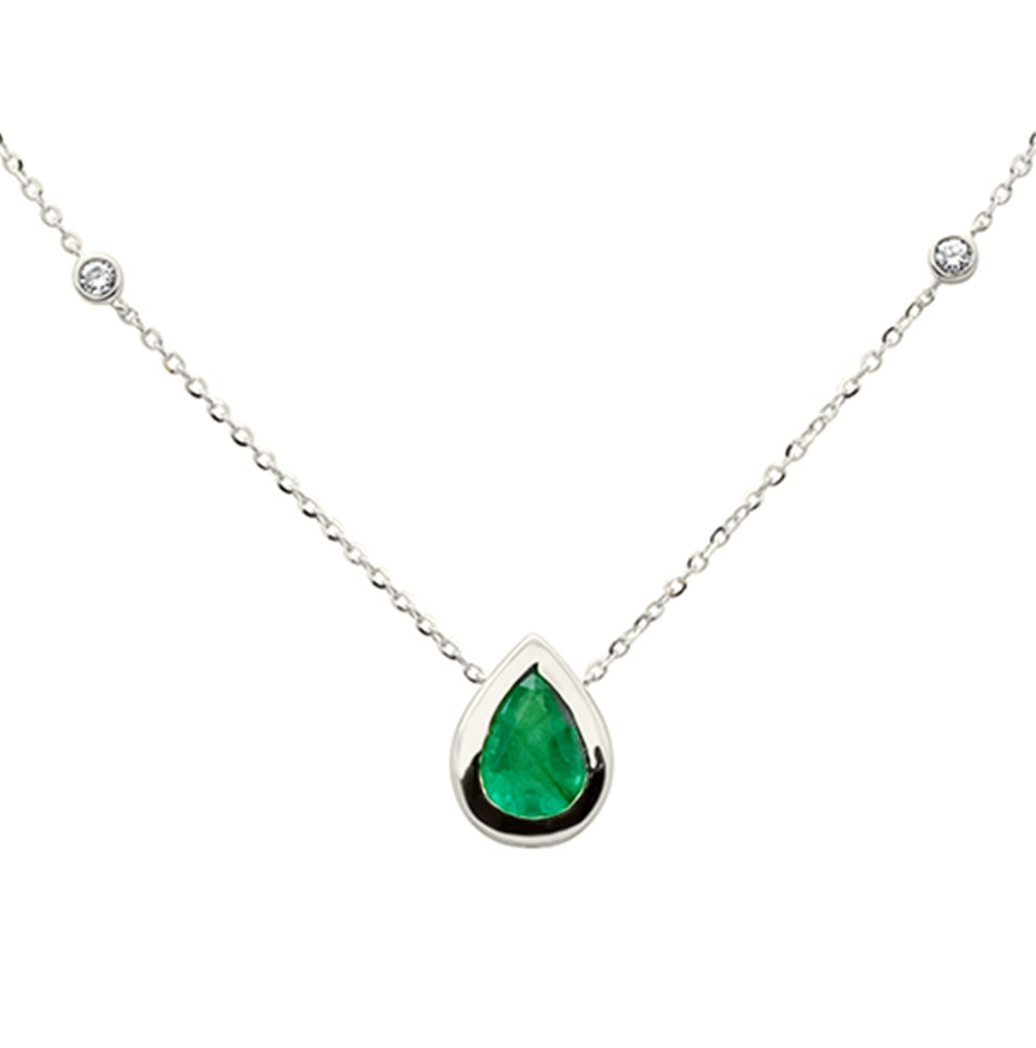 SPECIAL!.79ct G SI 14K White Gold Diamond & Emerald Gemstone Pendant 18" Long