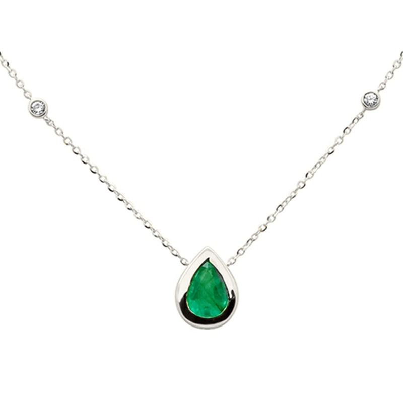 SPECIAL!.79ct G SI 14K White Gold Diamond & Emerald Gemstone Pendant 18" Long