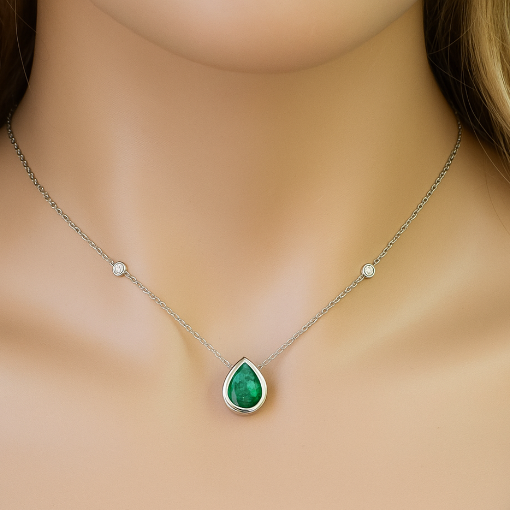 SPECIAL!.79ct G SI 14K White Gold Diamond & Emerald Gemstone Pendant 18" Long