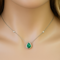 SPECIAL!.79ct G SI 14K White Gold Diamond & Emerald Gemstone Pendant 18" Long