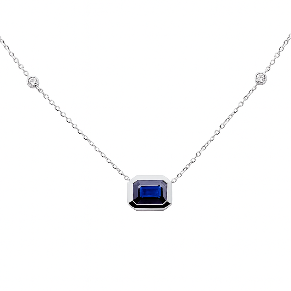 SPECIAL!1.19ct G SI 14K White Gold Diamond & Blue Sapphire Gemstone Pendant 18" Long