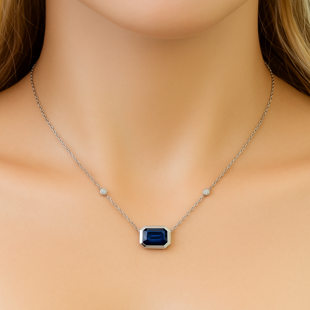 SPECIAL!1.19ct G SI 14K White Gold Diamond & Blue Sapphire Gemstone Pendant 18" Long