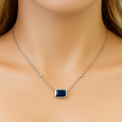 SPECIAL!1.19ct G SI 14K White Gold Diamond & Blue Sapphire Gemstone Pendant 18" Long