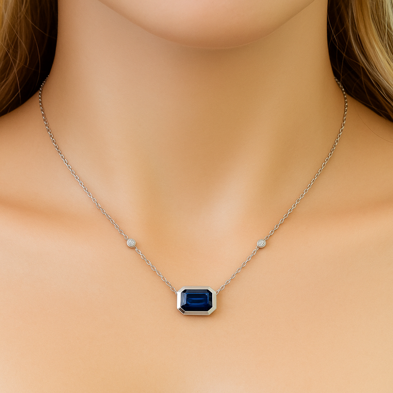 SPECIAL!1.19ct G SI 14K White Gold Diamond & Blue Sapphire Gemstone Pendant 18" Long