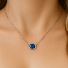 SPECIAL!1.17ct G SI 14K White Gold Diamond & Blue Sapphire Gemstone Pendant 18" Long
