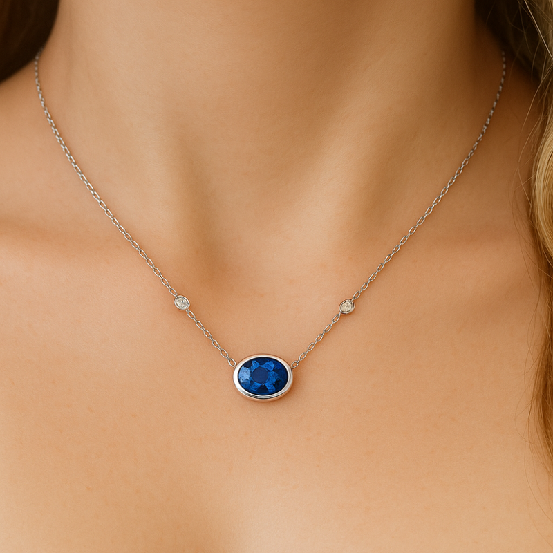 SPECIAL!1.17ct G SI 14K White Gold Diamond & Blue Sapphire Gemstone Pendant 18" Long
