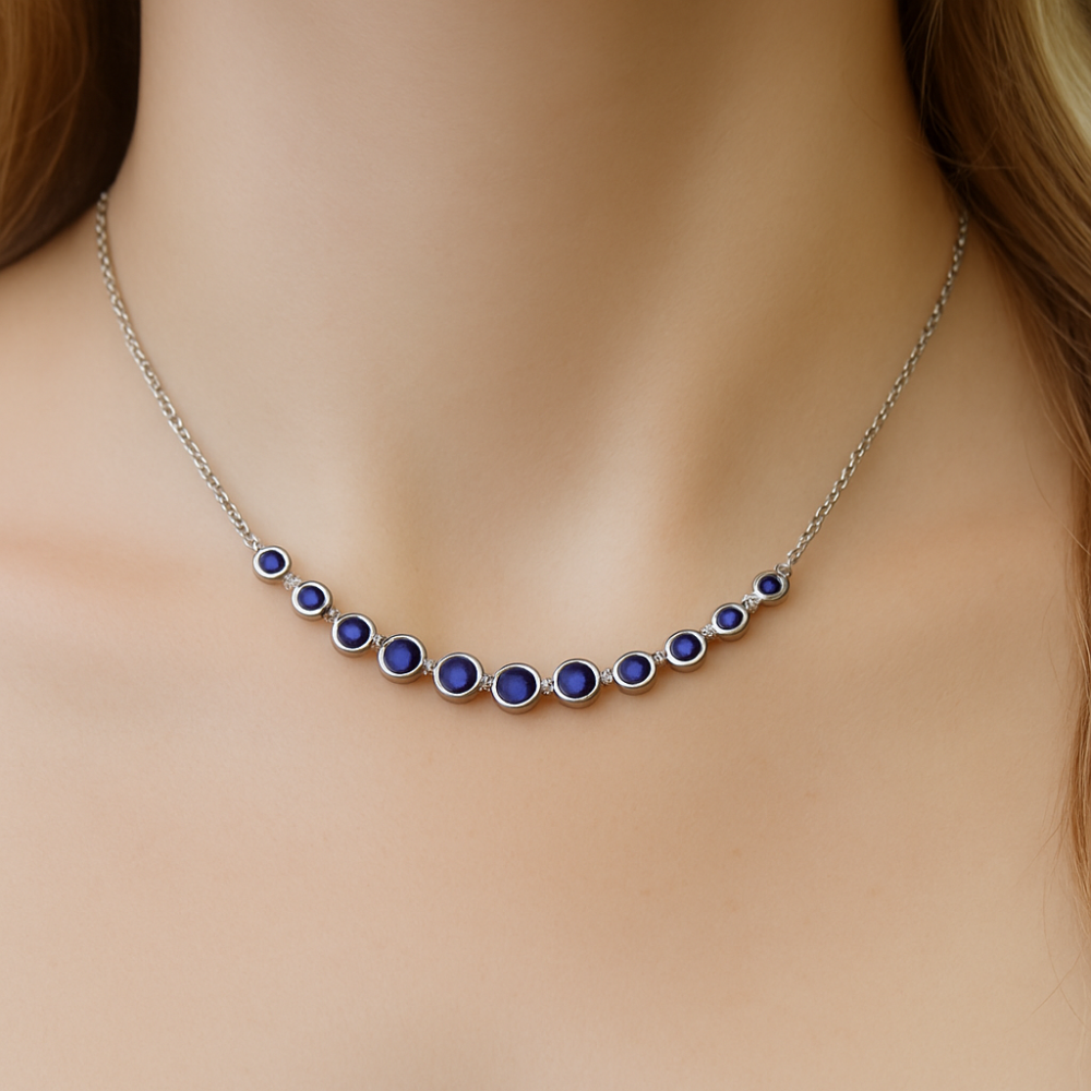 SPECIAL! .30ct G SI 14K White Gold Blue Sapphire Gemstone Bar Pendant 18" Long