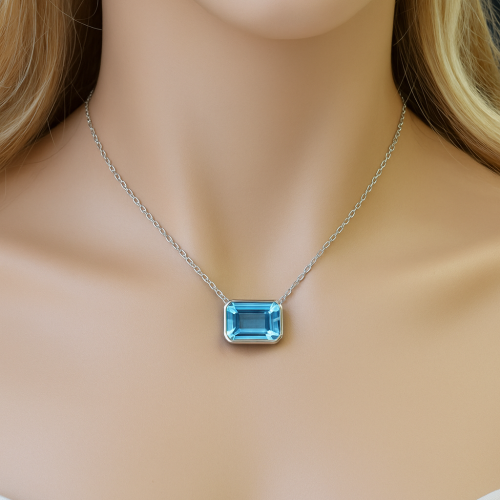 SPECIAL! .98ct G SI 14K White Gold Bezel Set Aquamarine Gemstone Pendant Necklace 18" Long