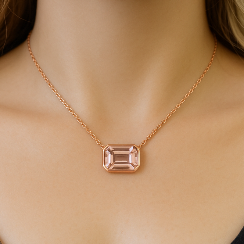 SPECIAL! .86ct G SI 14K Rose Gold Bezel Set Morganite Gemstone Solitaire Pendant Necklace 18" Long