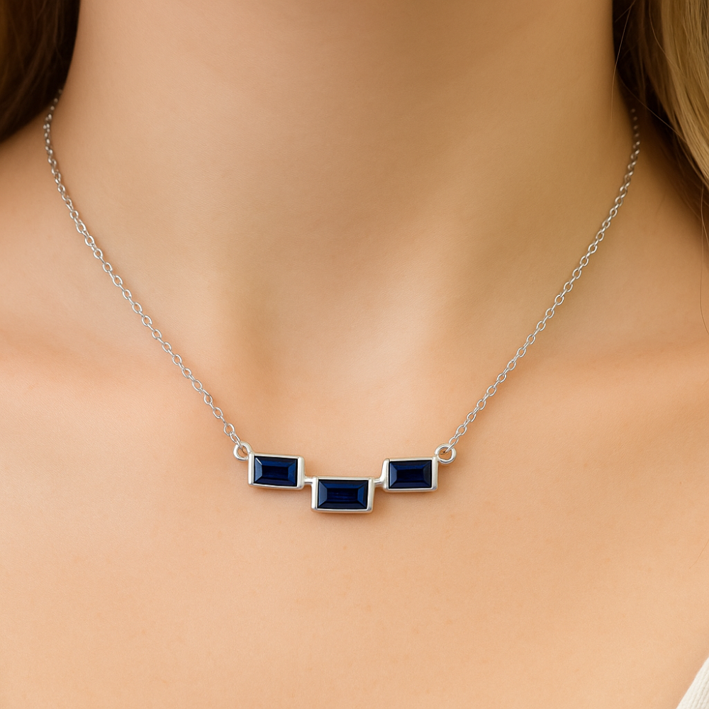 .35ct G SI 14K White Gold Blue Sapphire Gemstone Pendant Necklace 18" Long Chain