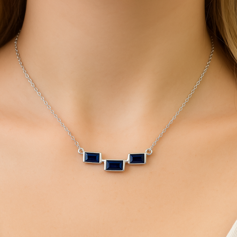 .35ct G SI 14K White Gold Blue Sapphire Gemstone Pendant Necklace 18" Long Chain