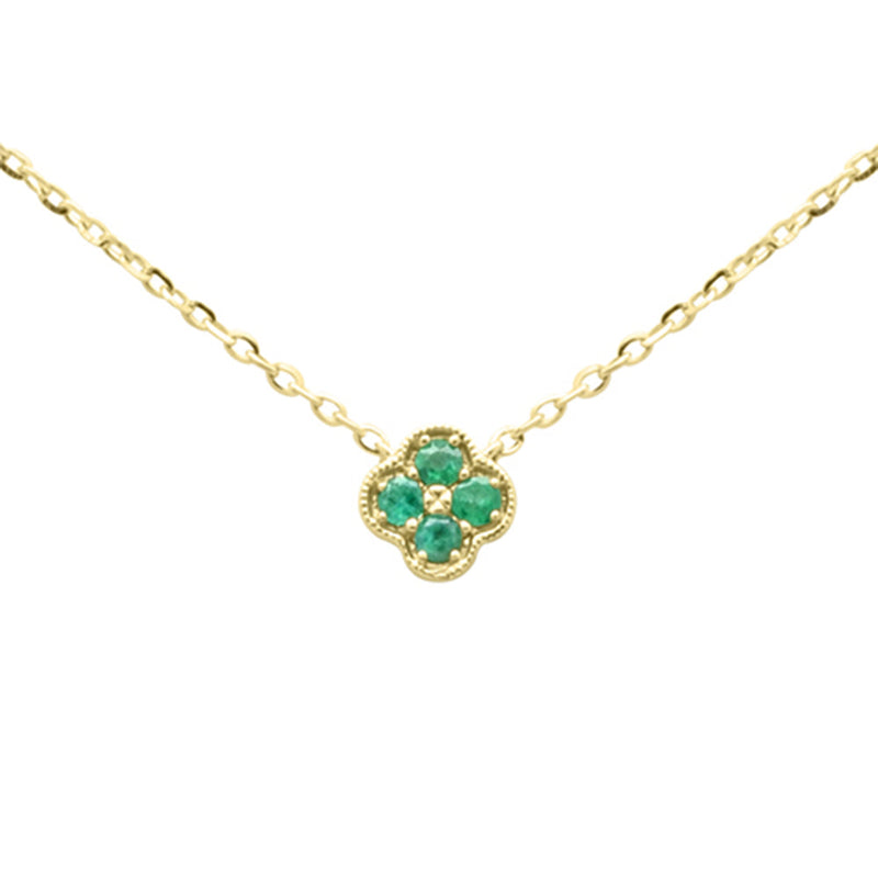 .06ct G SI 14K Yellow Gold Emerald Gemstone Petite Clover Pendant Necklace