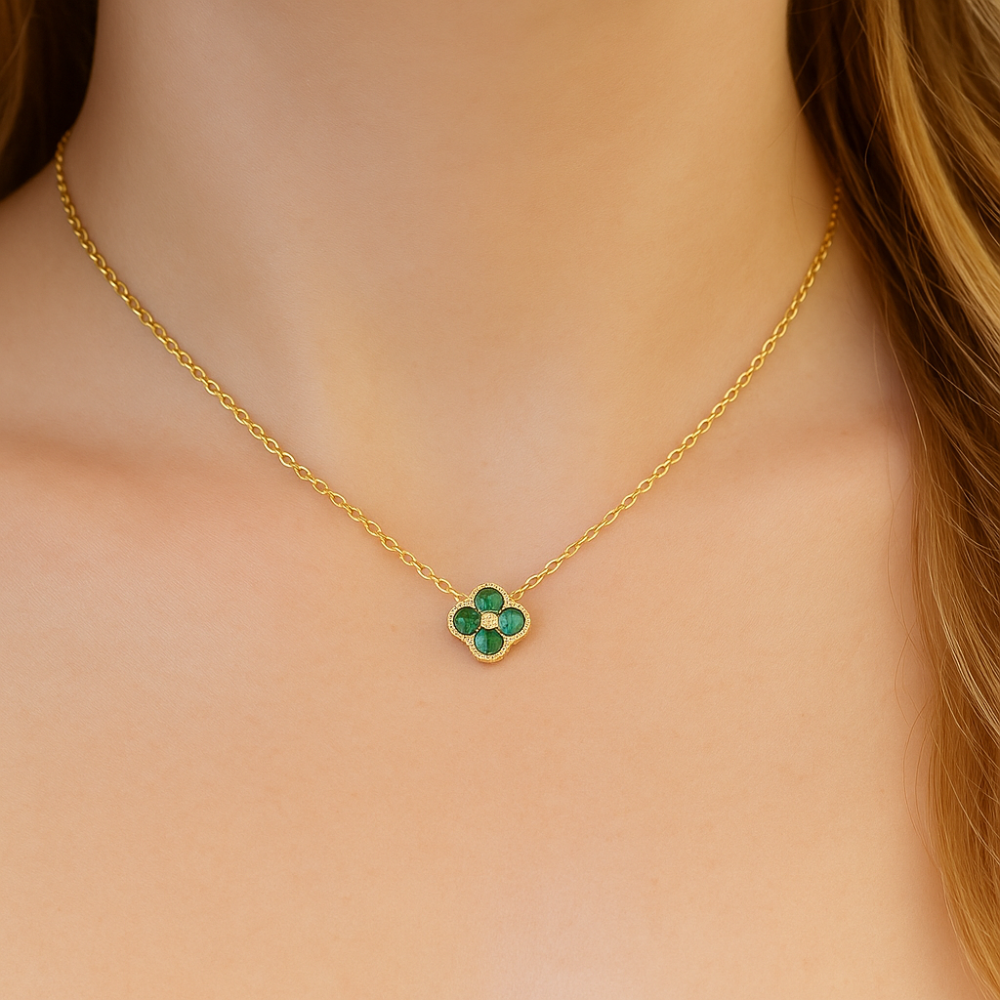 .06ct G SI 14K Yellow Gold Emerald Gemstone Petite Clover Pendant Necklace