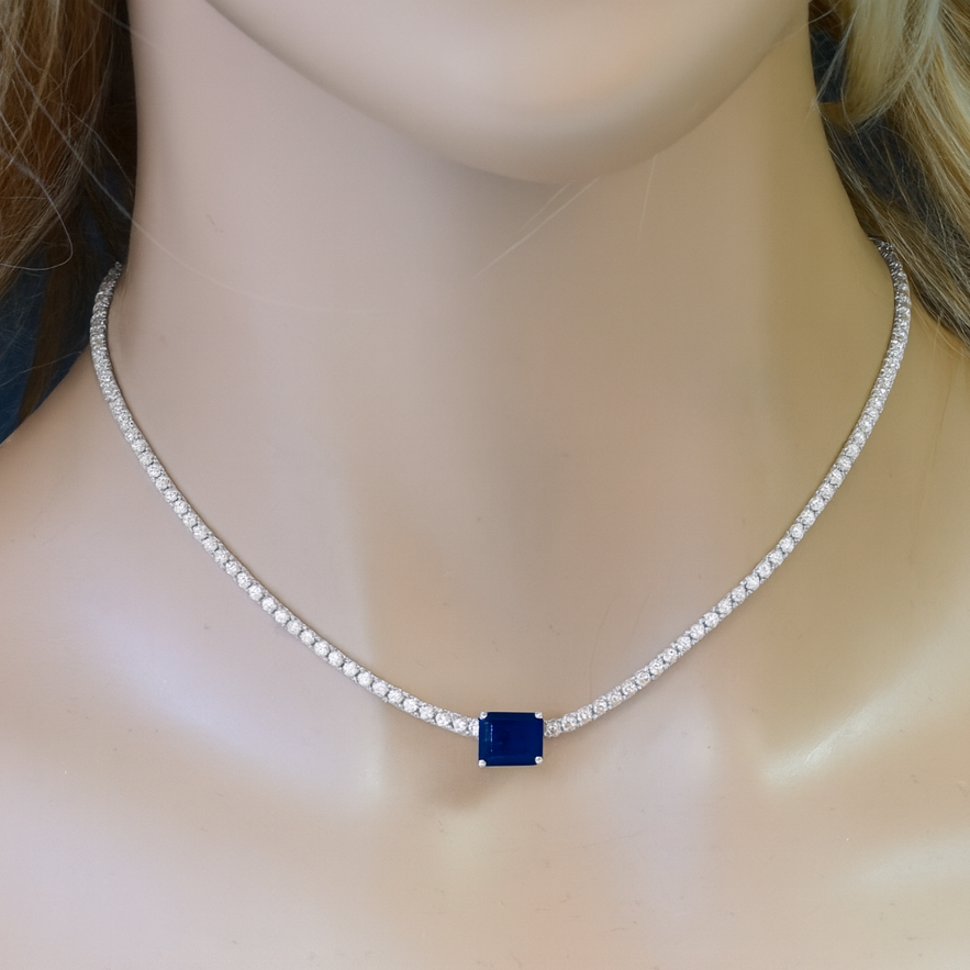 SPECIAL!2.66ct G SI 14K White Gold Diamond & Blue Sapphire Double Eagle Prongs Set Tennis Necklace 16" Long