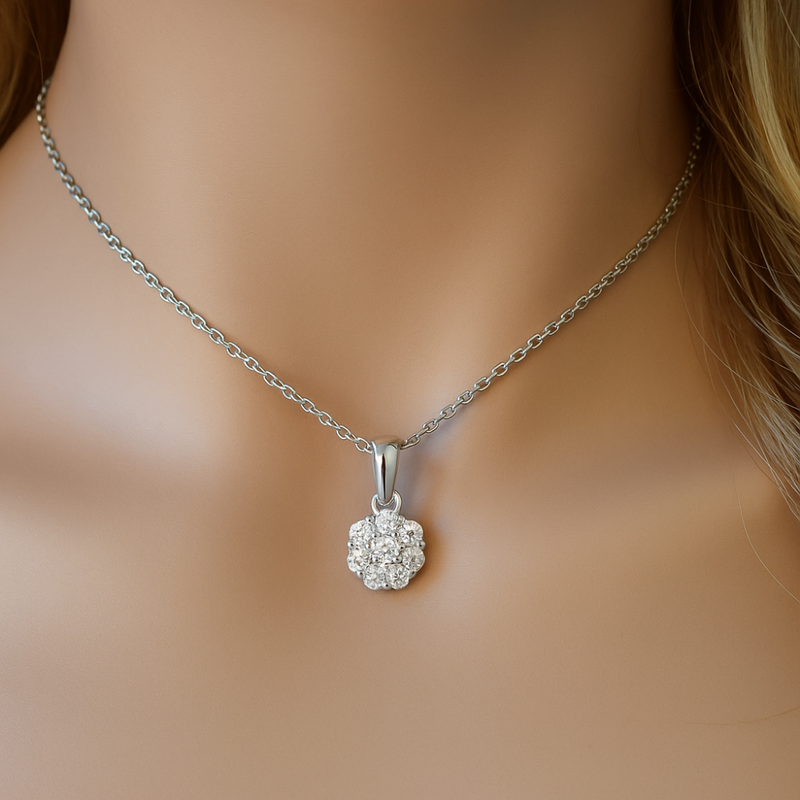 DIAMOND CLOSEOUT!  .60ct G SI 14K White Gold Diamond Flower Solitaire Pendant Necklace 18" Chain