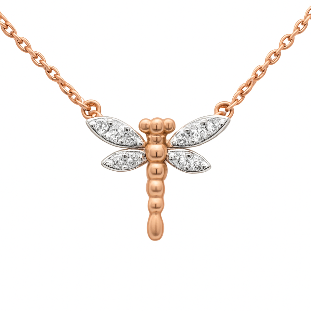 SPECIAL! .06ct G SI 14K Rose Gold Round Diamond Dragonfly Pendant Necklace 18" Long