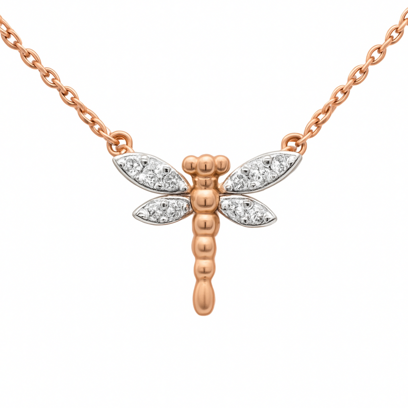 SPECIAL! .06ct G SI 14K Rose Gold Round Diamond Dragonfly Pendant Necklace 18" Long