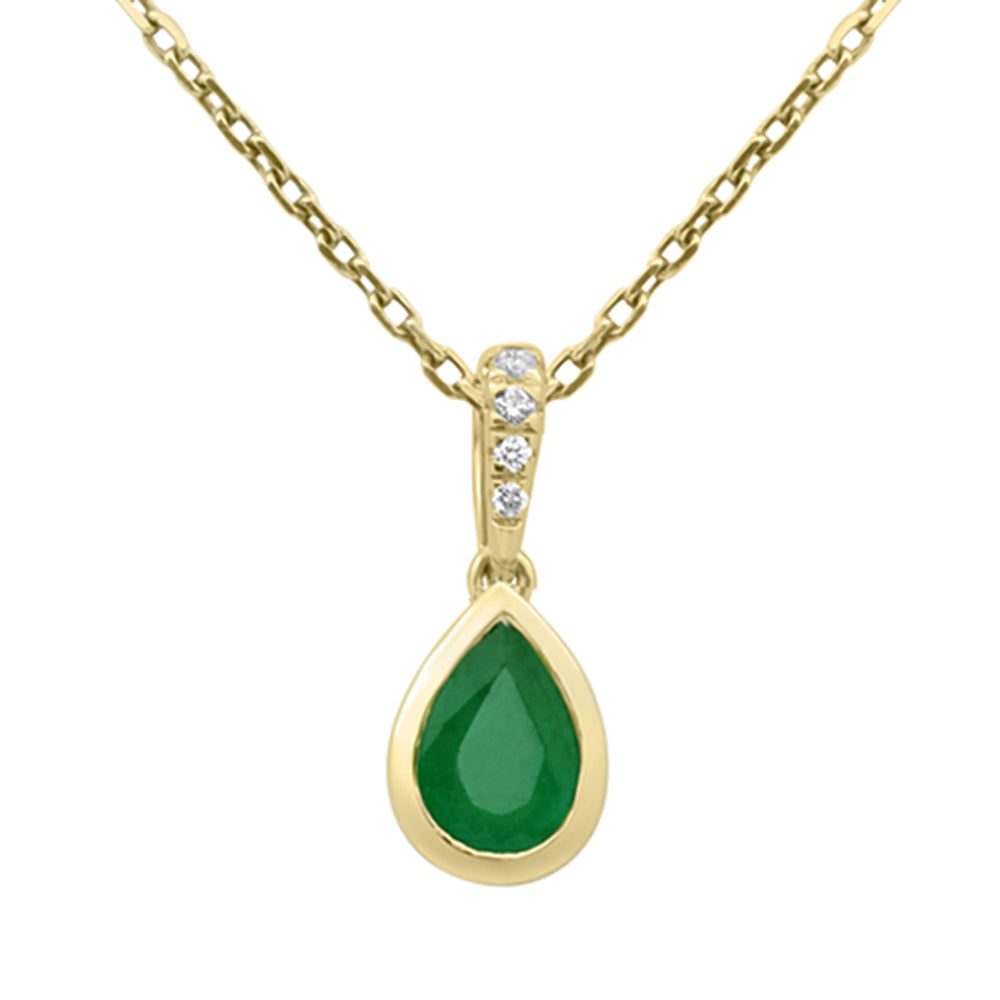 SPECIAL! .47ct G SI 14KT Yellow Gold Diamond & Pear Shape Emerald Gemstone Pendant Necklace 18" Long Chain