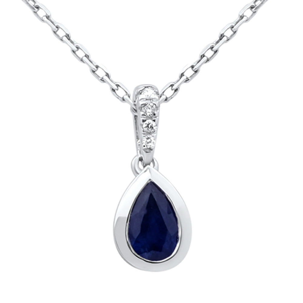 SPECIAL! .56ct G SI 14KT White Gold Diamond & Pear Shape Blue Sapphire Gemstone Pendant Necklace 18" Long Chain