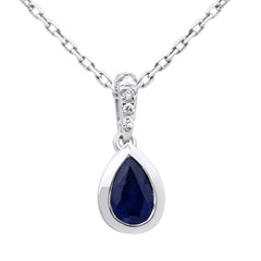 SPECIAL! .56ct G SI 14KT White Gold Diamond & Pear Shape Blue Sapphire Gemstone Pendant Necklace 18" Long Chain