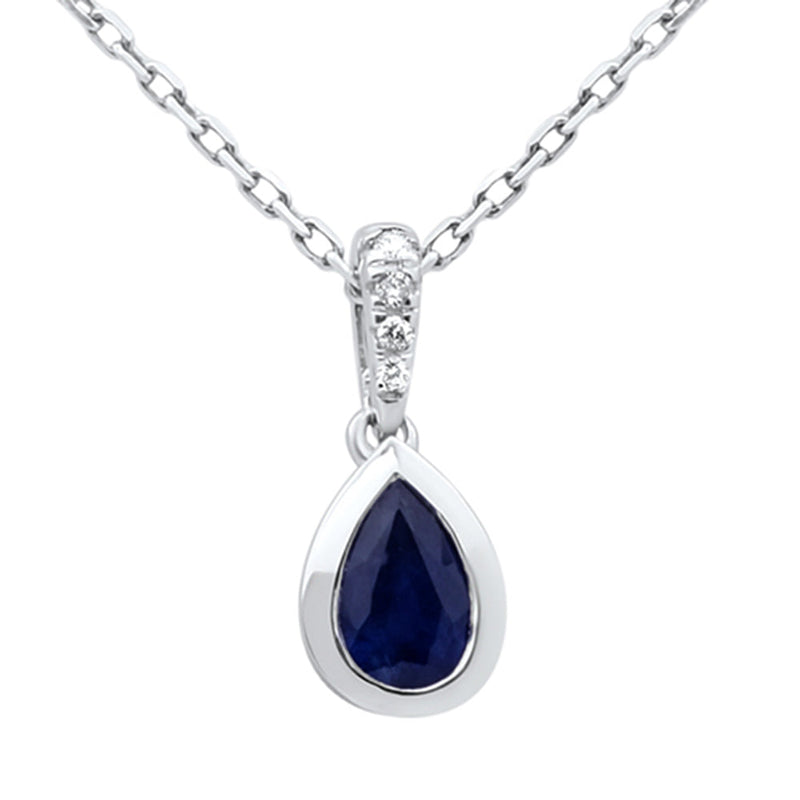 SPECIAL! .56ct G SI 14KT White Gold Diamond & Pear Shape Blue Sapphire Gemstone Pendant Necklace 18" Long Chain