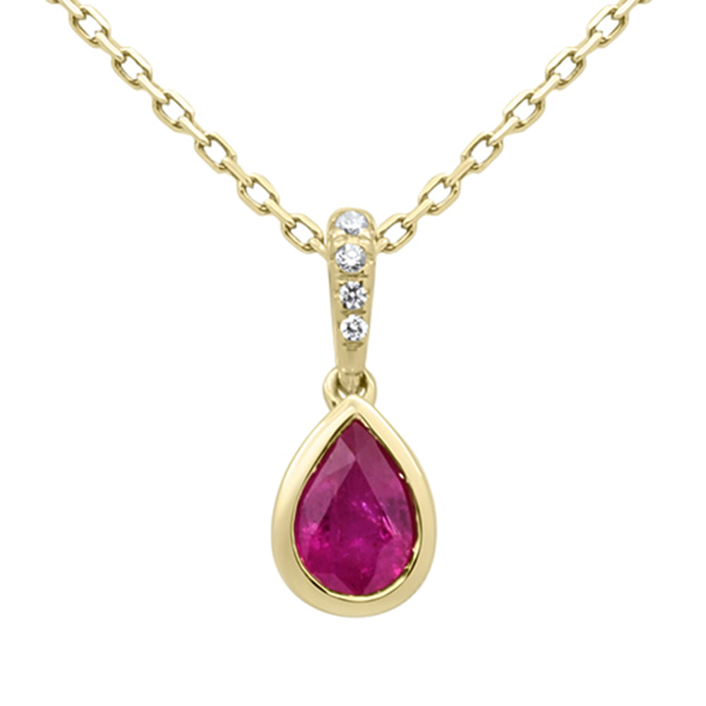 SPECIAL!.57ct G SI 14KT Yellow Gold Diamond & Pear Shape Ruby Gemstone Pendant Necklace 18" Long Chain