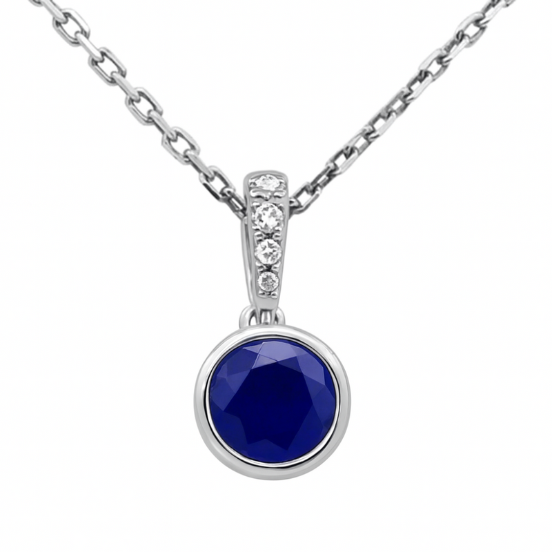 SPECIAL!.60ct G SI 14KT White Gold Diamond & Round Shape Blue Sapphire Gemstone Pendant Necklace 18" Long Chain