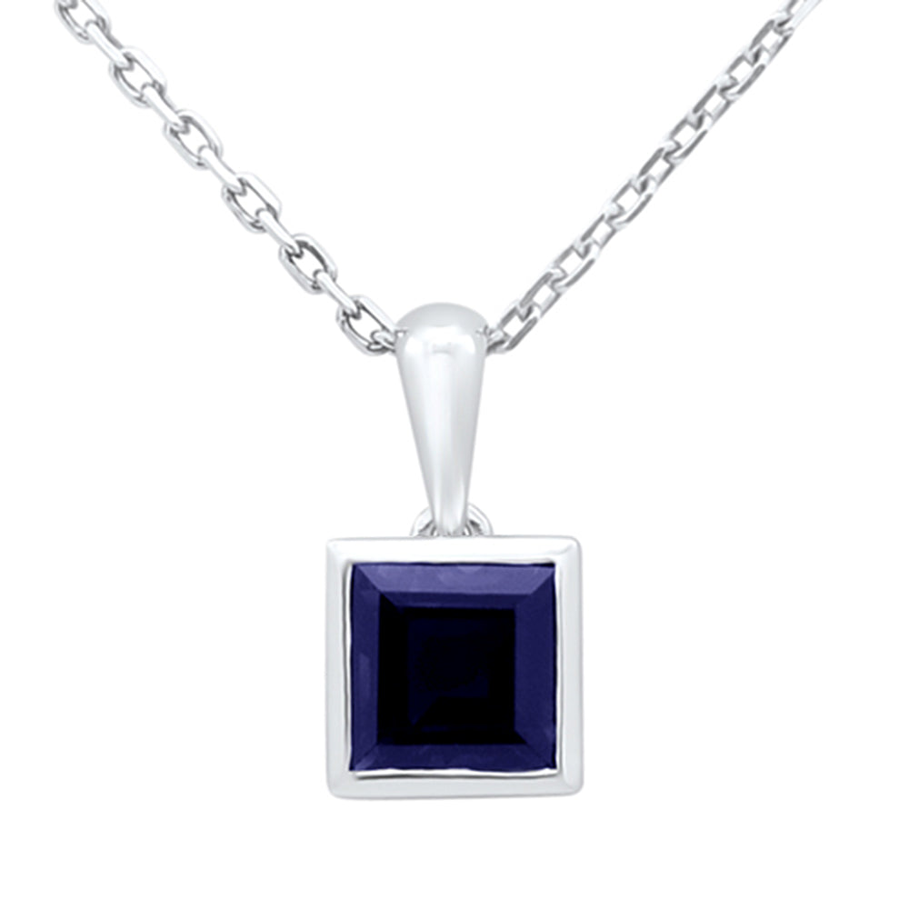 SPECIAL!.90ct G SI 14KT White Gold Princess Cut Blue Sapphire Gemstone Pendant Necklace 18" Long Chain