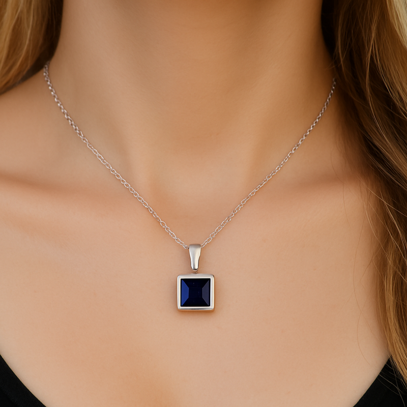 SPECIAL!.90ct G SI 14KT White Gold Princess Cut Blue Sapphire Gemstone Pendant Necklace 18" Long Chain
