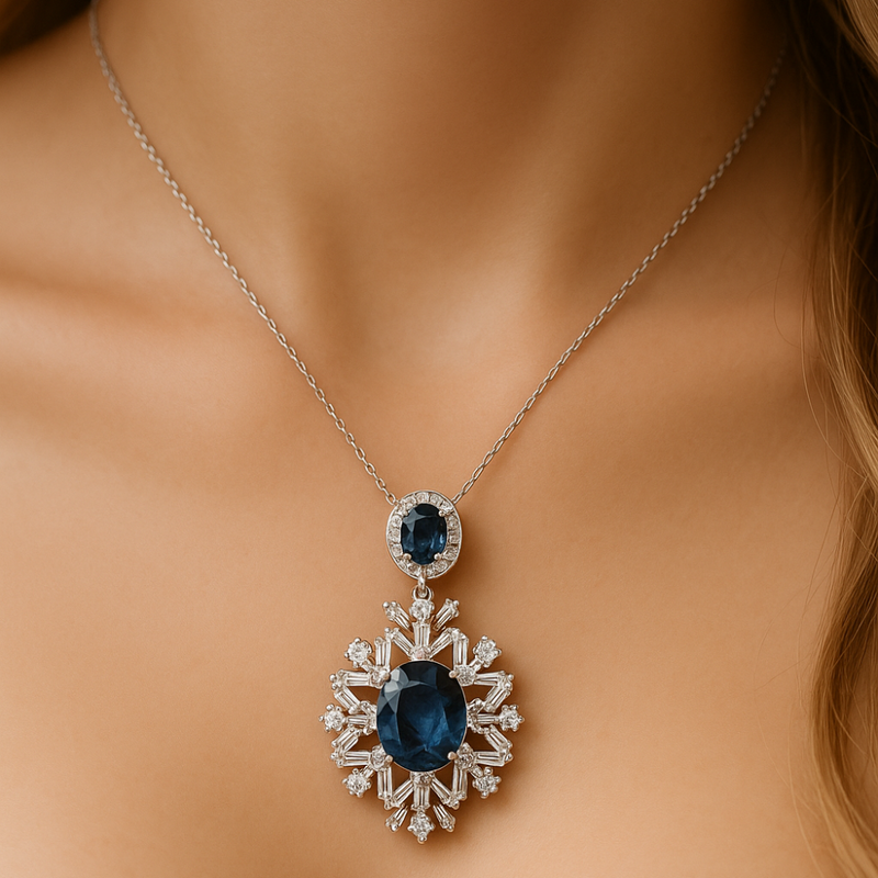 SPECIAL!6.34ct G SI 14K White Gold Blue Sapphire Gemstone & Diamond Pendant No Chain