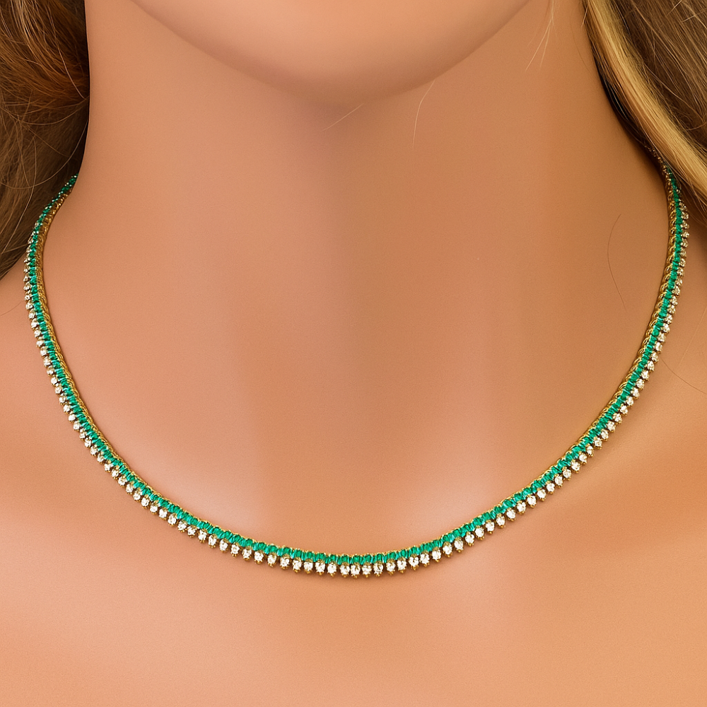 SPECIAL!6.78ct G SI 14K Yellow Gold Diamond & Emerald Gemstone Tennis Necklace 16" Long