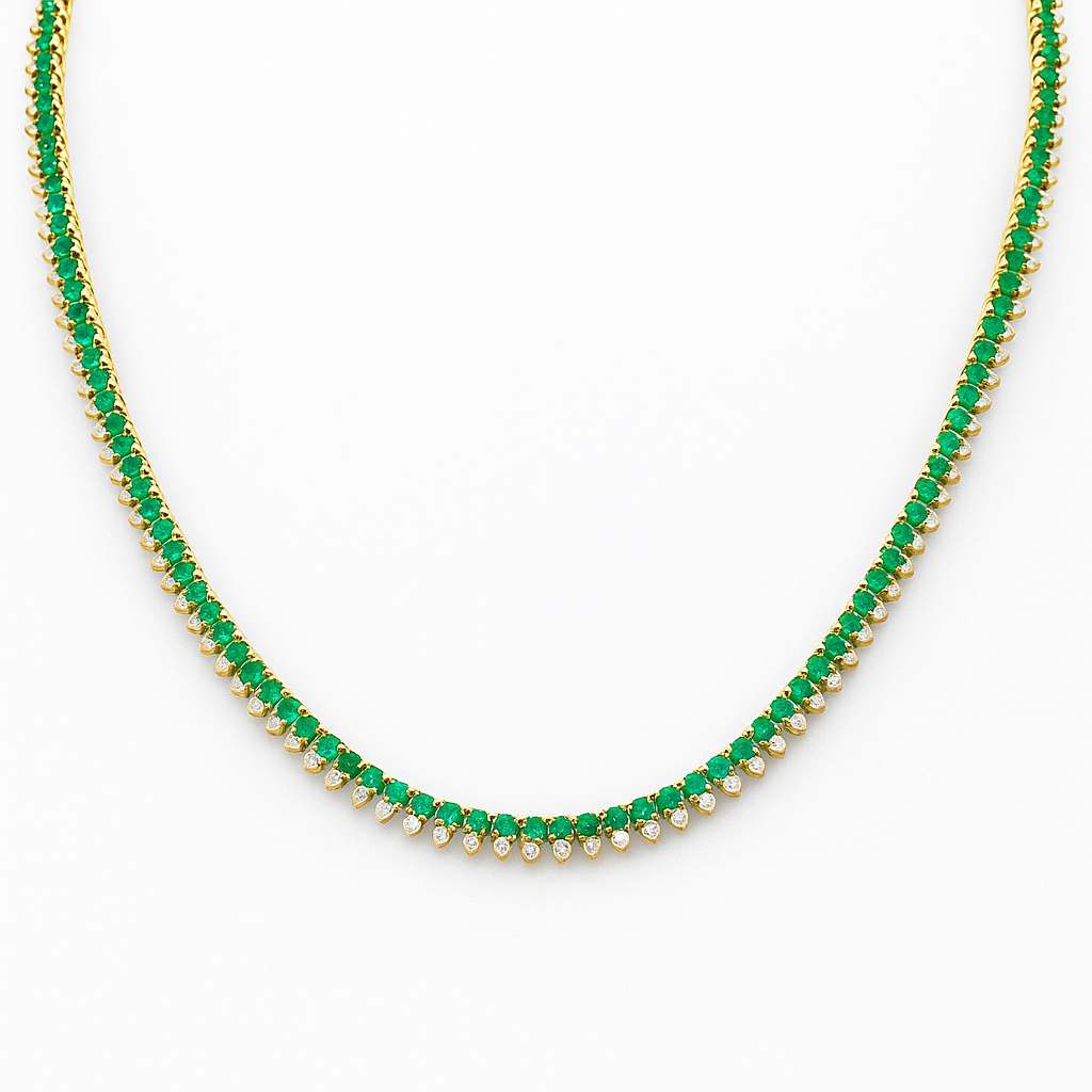 SPECIAL!6.78ct G SI 14K Yellow Gold Diamond & Emerald Gemstone Tennis Necklace 16" Long