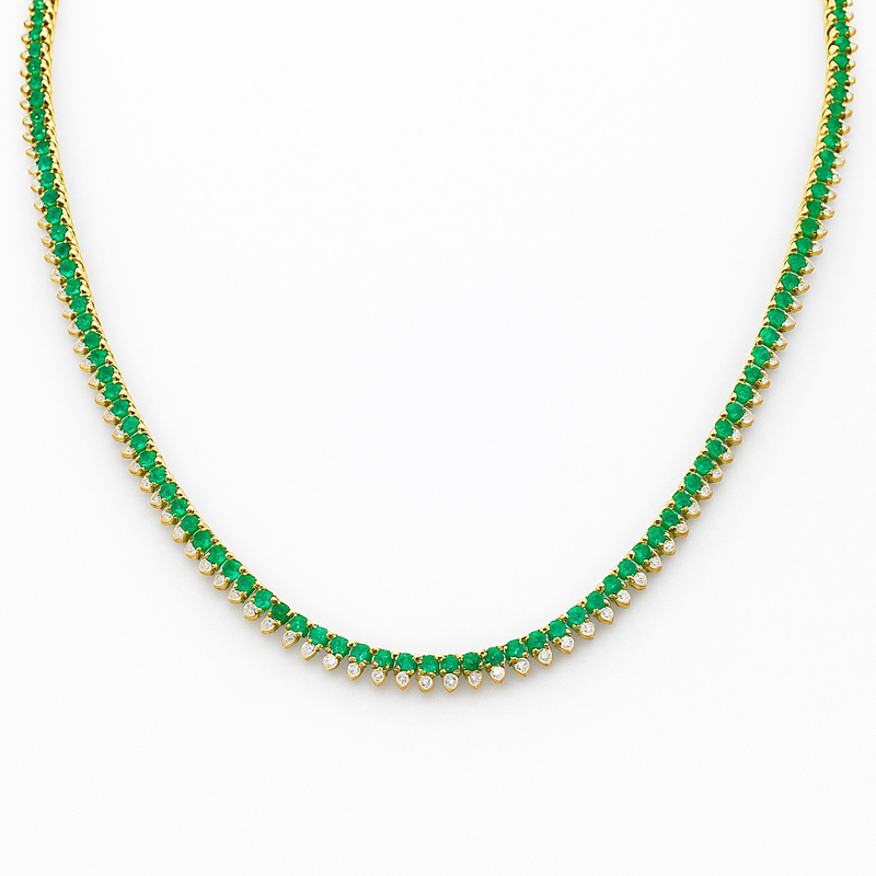 SPECIAL!6.78ct G SI 14K Yellow Gold Diamond & Emerald Gemstone Tennis Necklace 16" Long