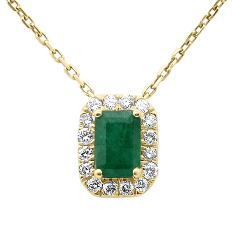 SPECIAL!.78ct G SI 14K Yellow Gold Emerald Gemstone & Diamond Halo Pendant 18" Long
