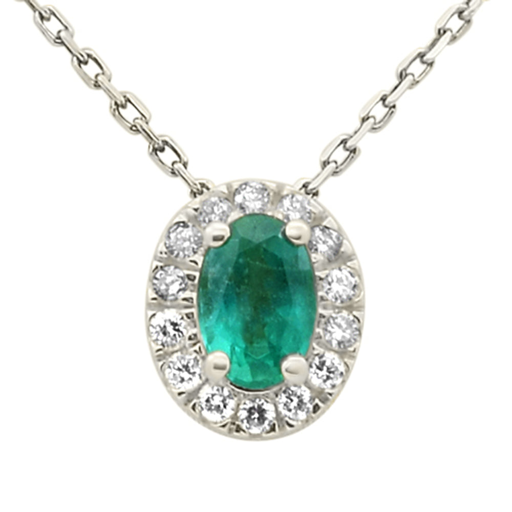 SPECIAL!.57ct G SI 14K White Gold Oval Emerald Gemstone & Diamond Halo Pendant 18" Long