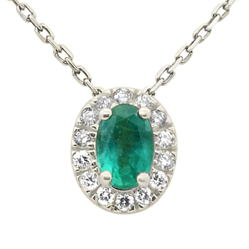 SPECIAL!.57ct G SI 14K White Gold Oval Emerald Gemstone & Diamond Halo Pendant 18" Long