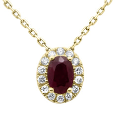 SPECIAL!.73ct G SI 14K Yellow Gold Oval Ruby Gemstone & Diamond Halo Pendant 18" Long